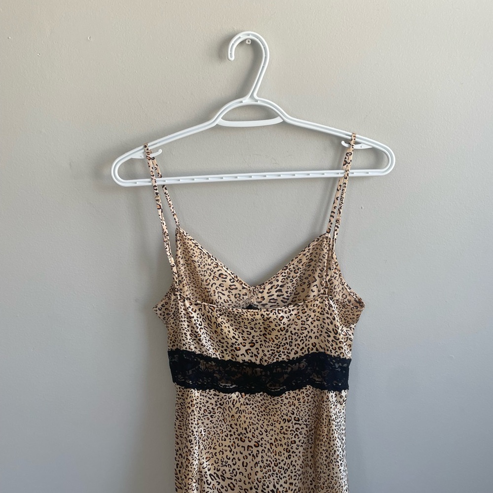 TAN CREAM LEOPARD PRINT SLIP DRESS STRAPS NEGLIGEE BLACK LACE AUGUST SILK - Picture 9 of 11